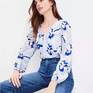LOFT Light Blue Blouse with Royal Blue Floral Print